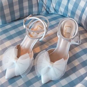 White Pumps Lulus Lelanee White Satin Rhinestone Bow Ankle Strap Pumps